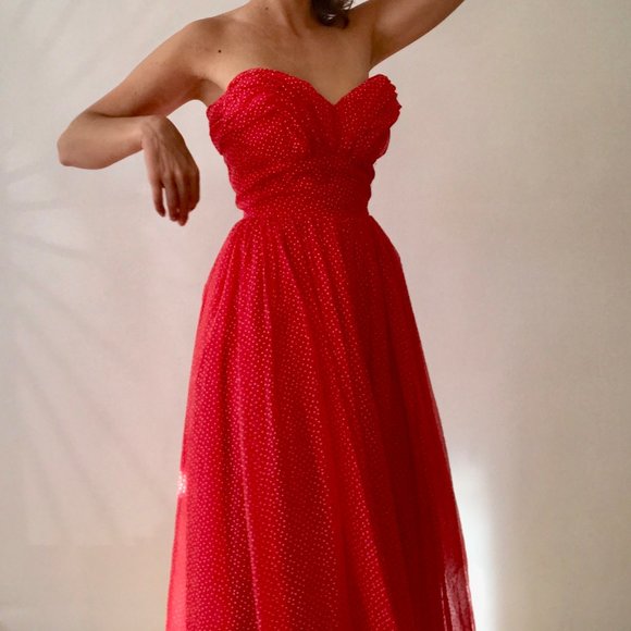 Vintage Strapless Midi Polka Dot Dress 50s